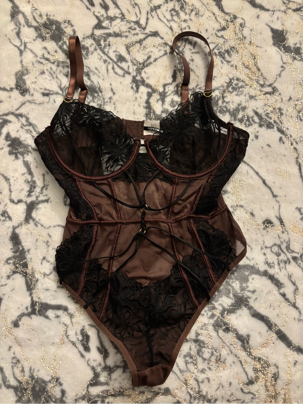 Fashion Nova Brown and Black Floral Lace Sheer Bodysuit
